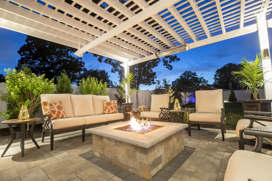 A firepit in a backyard patio
